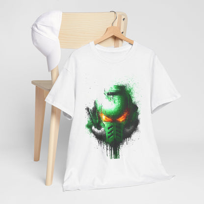 Elegantly displayed graphic t-shirt featuring a striking green helmet design with fiery orange eyes, paired with a white cap, sitting on a wooden chair, ideal for urban street fashion.