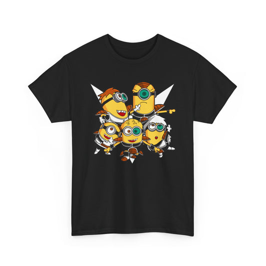 Minions Starcom Unisex Mens Womens Graphic Funny T Shirt Tee showcasing a vibrant design of five Minions, each with unique expressions and dynamic poses, perfect for adding a humorous touch to any wardrobe.