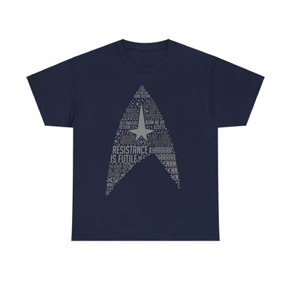 Star Trek Federation Logo Art Graphic Unisex T-Shirt in deep navy, elegantly displaying iconic Star Trek sayings, perfect for sophisticated fans.