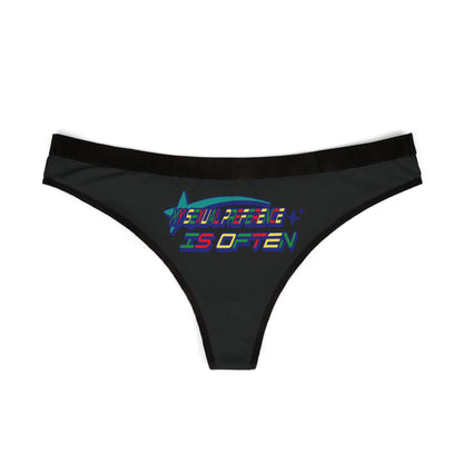 Chic black thong panties showcasing vibrant text 'MY SEXUAL PREFERENCE IS OFTEN', perfect for adding a playful touch to your lingerie collection.