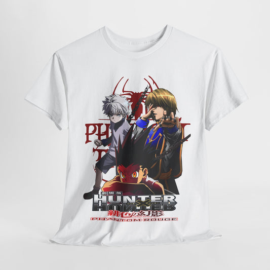 Elegant white T-shirt featuring dynamic artwork from the anime Hunter x Hunter: Phantom Rouge, showcasing iconic characters Killua, Hisoka, and Gon. Perfect for anime enthusiasts and collectors.
