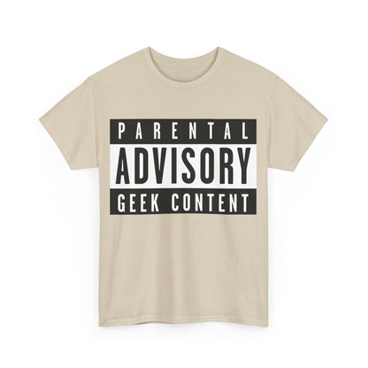 Parental Advisory: Geek Content Graphic T-Shirt, displayed in soft beige cotton, showcasing the sophisticated bold graphic statement.