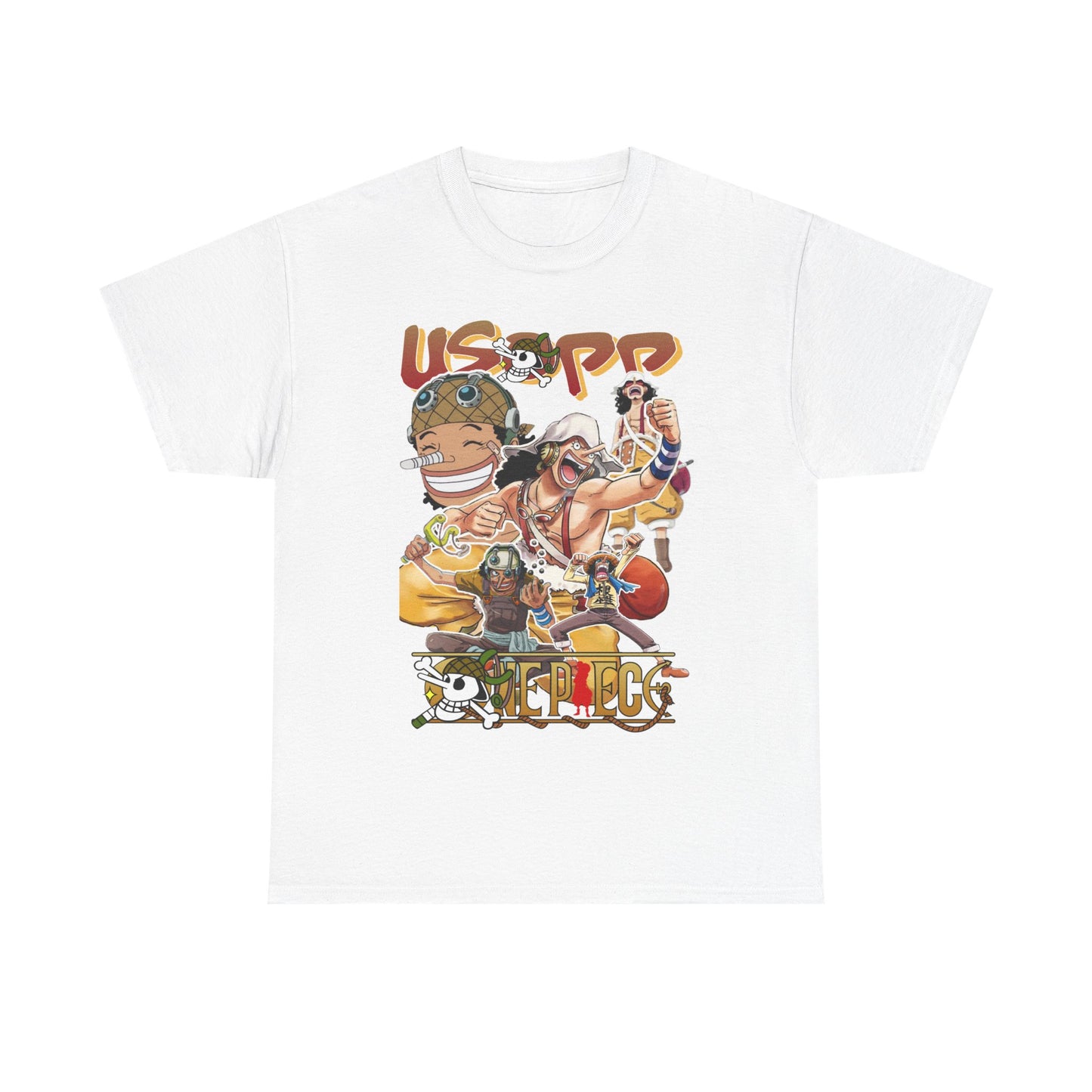 Luxurious Anime Manga T-shirt featuring vibrant Usopp collage, perfect for trendsetters, showcasing dynamic character designs and bright colours.