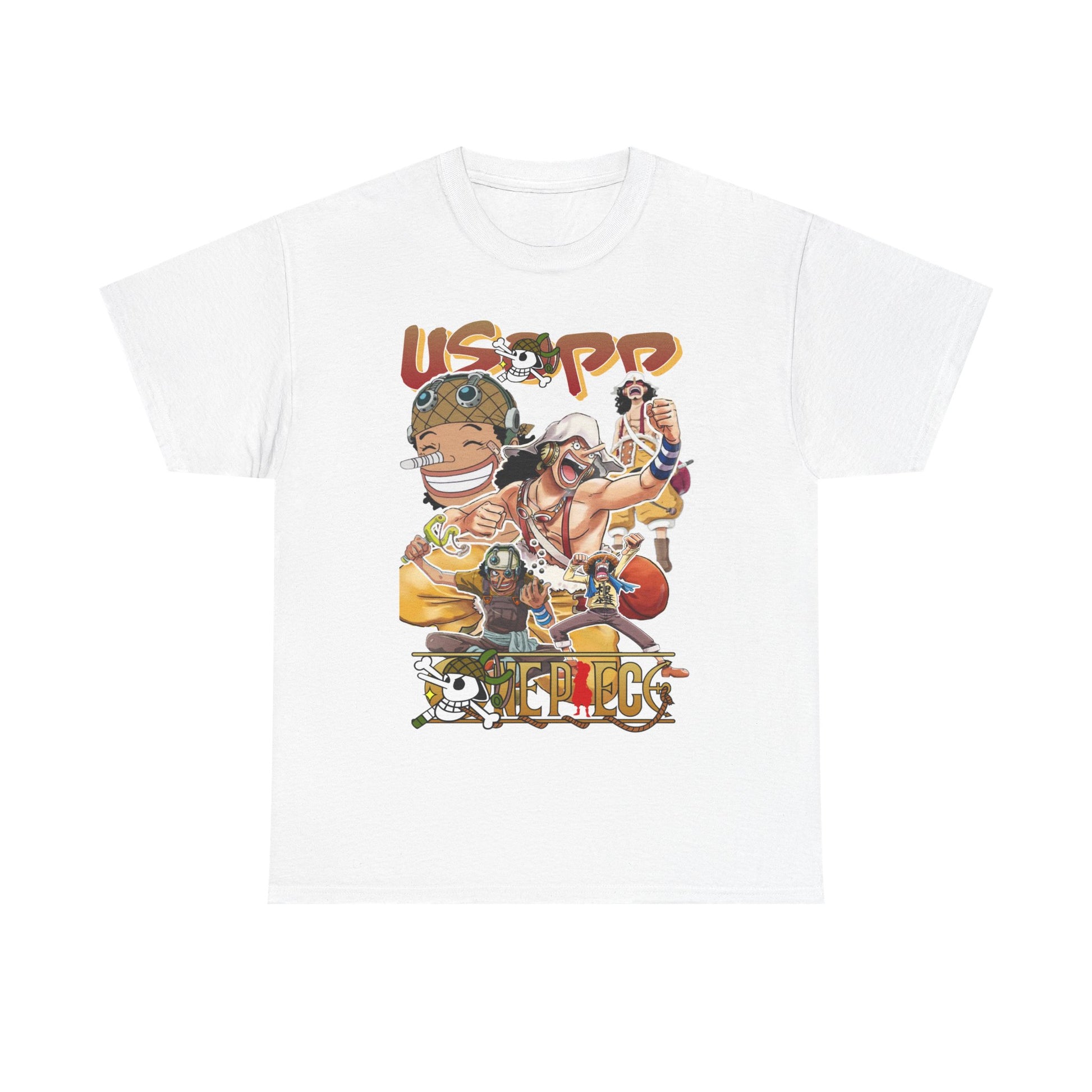 Luxurious Anime Manga T-shirt featuring vibrant Usopp collage, perfect for trendsetters, showcasing dynamic character designs and bright colours.