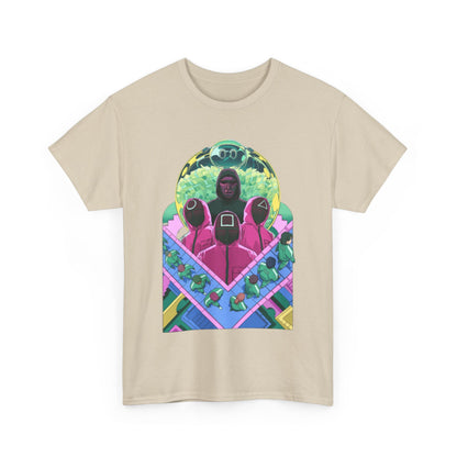 Premium quality beige unisex t-shirt with striking graphic art depicting a captivating scene from a renowned survival series, perfect for trendsetters.