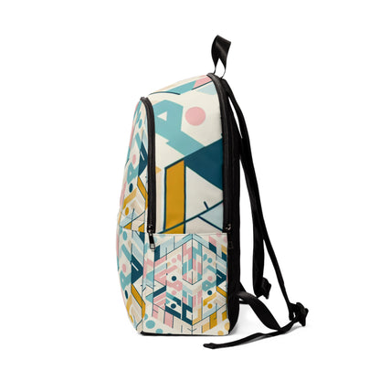 Stylish Dazzling Dreams Studio Pastel Geometric Backpack worn by a model on a scenic urban backdrop, exemplifying modern luxury travel essentials.