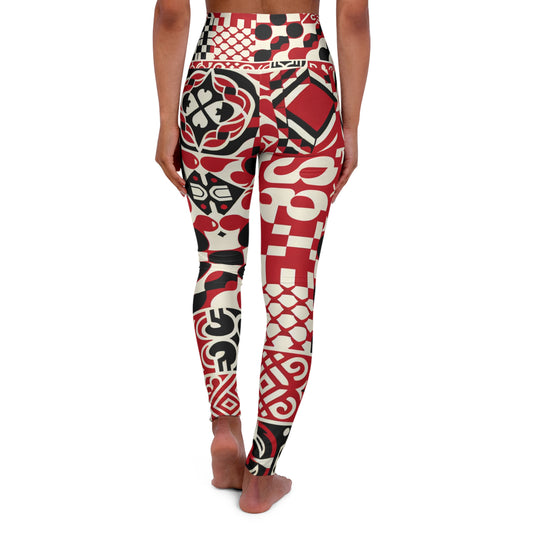 High-Waisted Red Checkerboard Yoga Leggings with Modern Block Print Design on display, perfect for a chic active lifestyle with a bold statement.