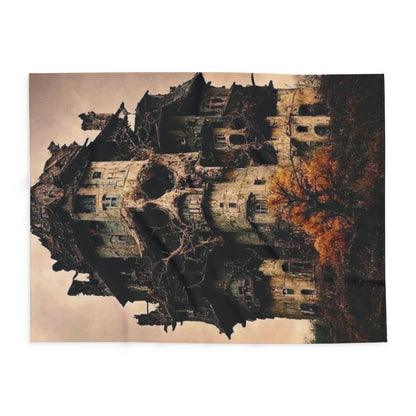 Artistic view of the Decorative and Warm Halloween Spooky Arctic Fleece Blanket featuring a ghostly castle print, perfect for seasonal décor.