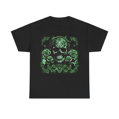 Skulls and Roses Cotton Tee in black, featuring a bold steampunk-style graphic of skulls and roses, ideal for making a statement in luxury fashion.