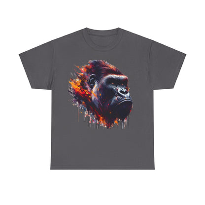 Harambe Masterpiece Graphic Unisex T-Shirt in dark grey featuring a bold gorilla graphic, artistically rendered with vibrant splashes of colour, perfect for discerning collectors.