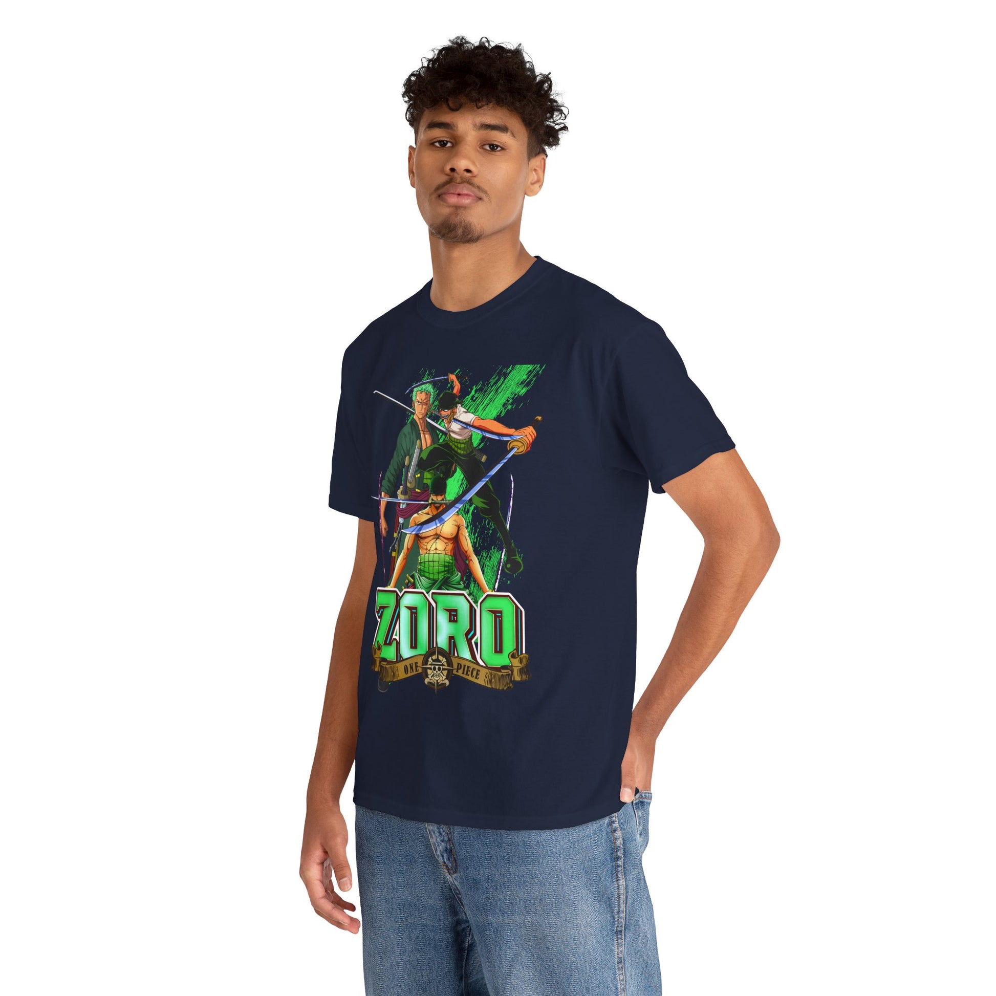 Luxurious navy blue t-shirt featuring an intricate graphic of Zoro from One Piece, showcasing detailed illustrations and vibrant colours, perfect for anime enthusiasts.