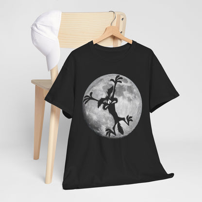 Elegant black graphic t-shirt featuring a whimsical silhouette of Wile E. Coyote against a full moon, showcasing a blend of humour and artistry, perfect for casual luxury wear.