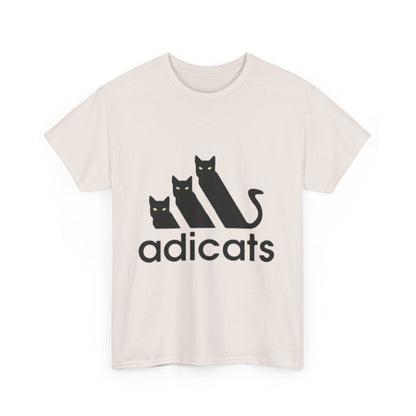 Front view of the sophisticated Adicats Logo Graphic T-Shirt featuring a captivating black cat graphic, ideal for stylish casual wear.