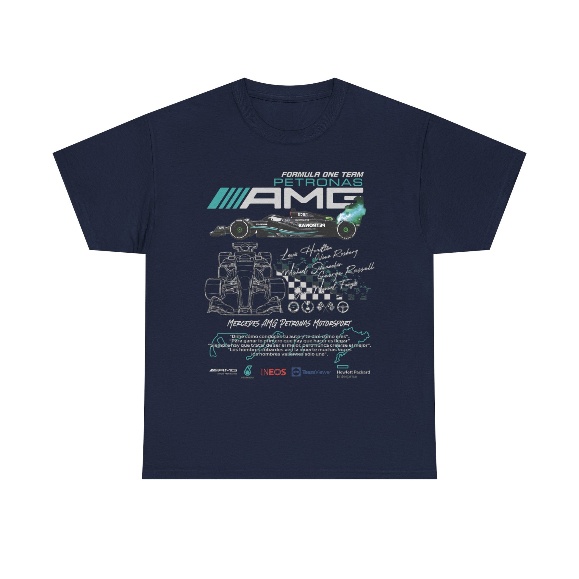 Men's exclusive navy F1 Mercedes AMG Petronas T-Shirt showcasing striking motorsport graphics and legendary driver signatures, a must-have for true aficionados.