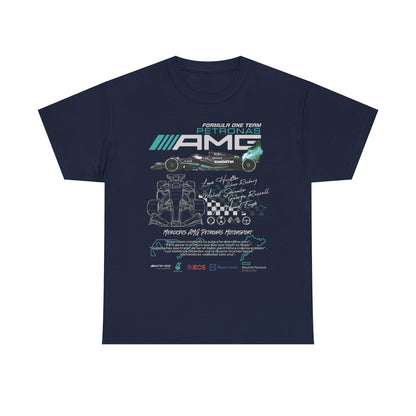 Men's exclusive navy F1 Mercedes AMG Petronas T-Shirt showcasing striking motorsport graphics and legendary driver signatures, a must-have for true aficionados.