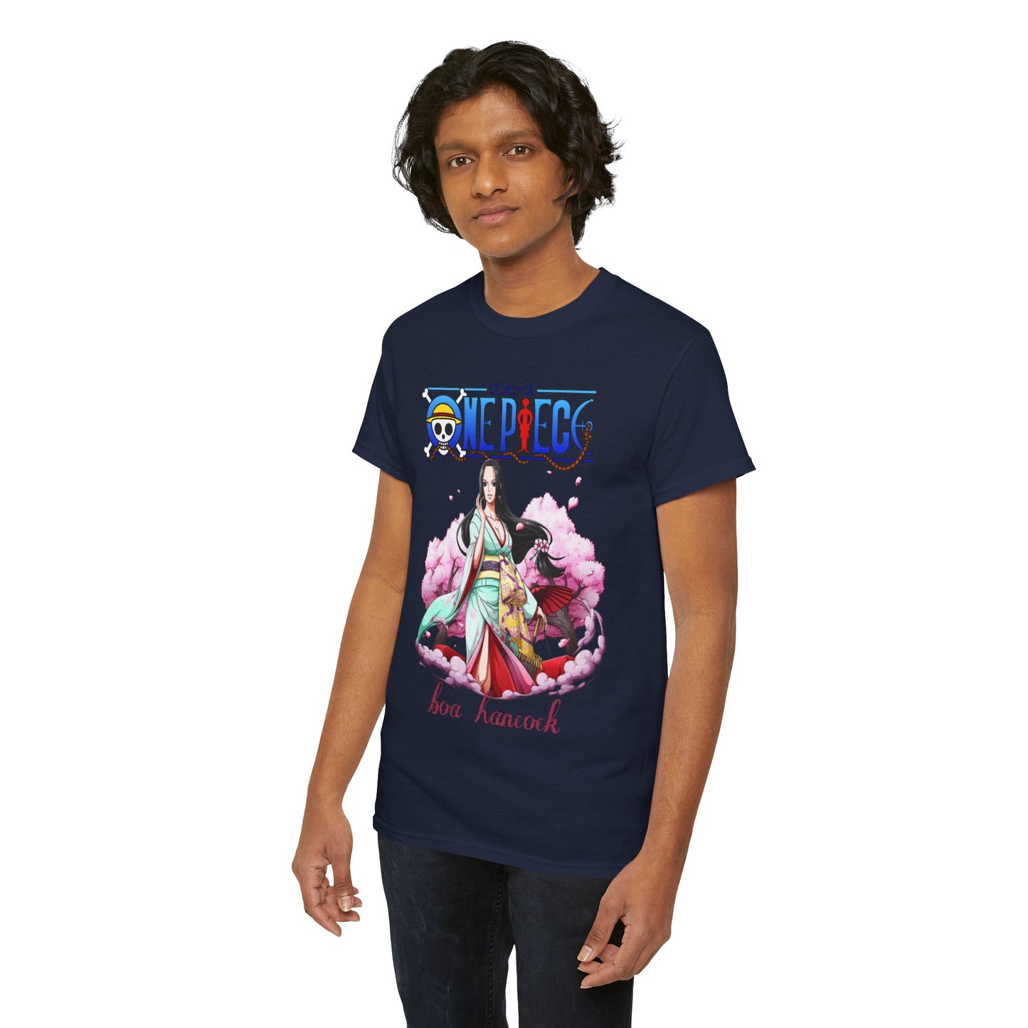 Stylish men's navy t-shirt adorned with a stunning graphic of Boa Hancock from anime, highlighted by vibrant colours and a delicate floral motif, an ideal addition to any fashionable wardrobe.