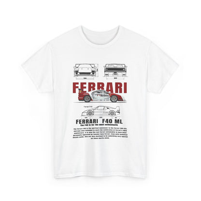 Stylish white T-shirt with Ferrari F40 Marlboro graphic design, highlighting detailed illustrations of Ferrari cars, ideal for luxury car enthusiasts.
