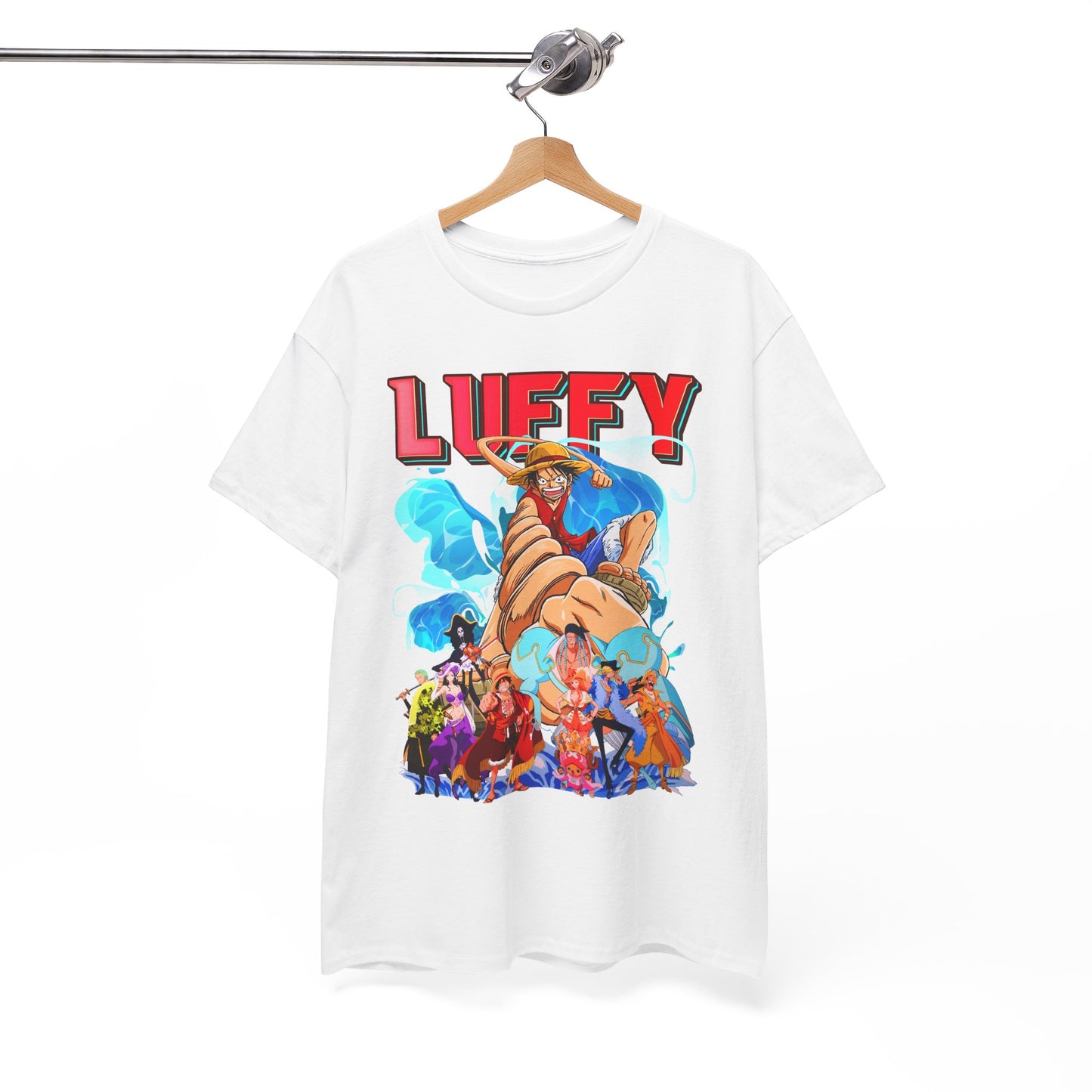 Sophisticated white t-shirt featuring a striking graphic of Luffy, prominently displayed against a minimalist backdrop, perfect for adding a statement piece to any luxury wardrobe.