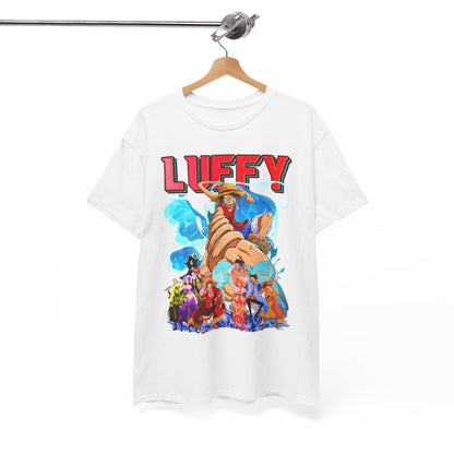 Sophisticated white t-shirt featuring a striking graphic of Luffy, prominently displayed against a minimalist backdrop, perfect for adding a statement piece to any luxury wardrobe.