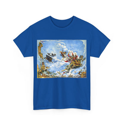 Front view of the exquisite Discworld The Light Fantastic Graphic Unisex Tee Shirt featuring a stunning graphic inspired by Terry Pratchett's world, set against a bold blue background.