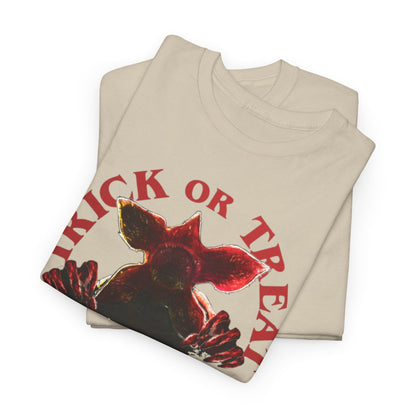 Luxurious unisex graphic t-shirt featuring a striking Demogorgon design with bold 'Trick or Treat' text, ideal for Halloween celebrations and casual outings.