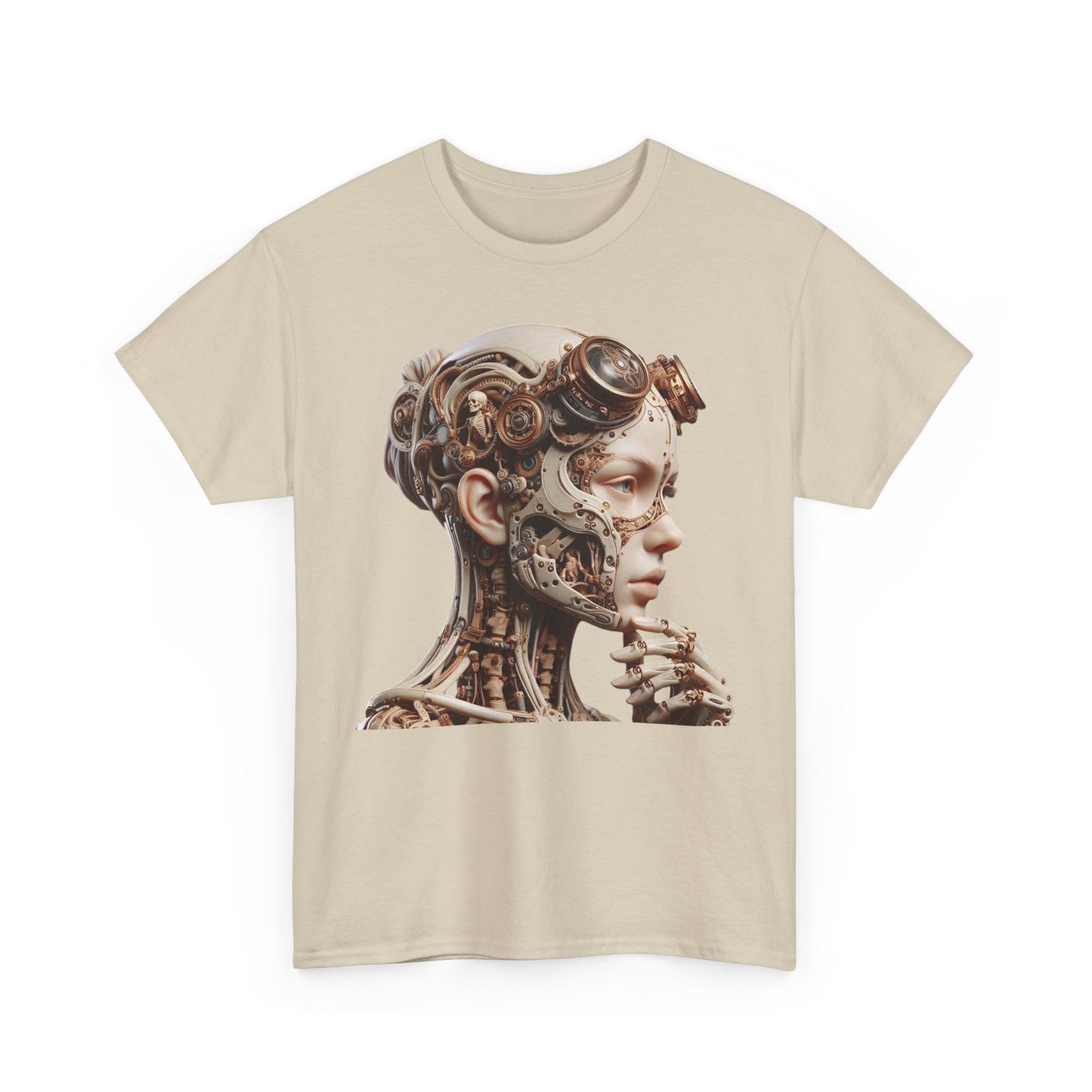 Luxury men's t-shirt showcasing intricate cyborg design, featuring a detailed digital artwork of a mechanical feminine figure in soft beige tones.