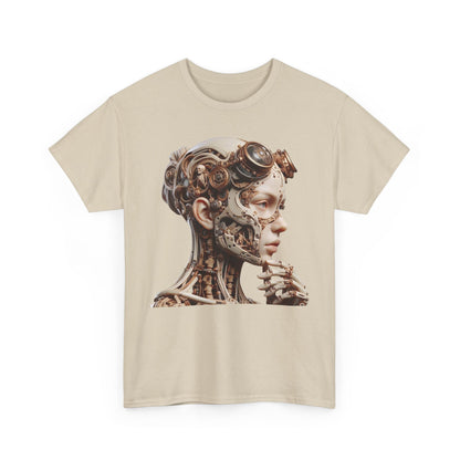 Luxury men's t-shirt showcasing intricate cyborg design, featuring a detailed digital artwork of a mechanical feminine figure in soft beige tones.