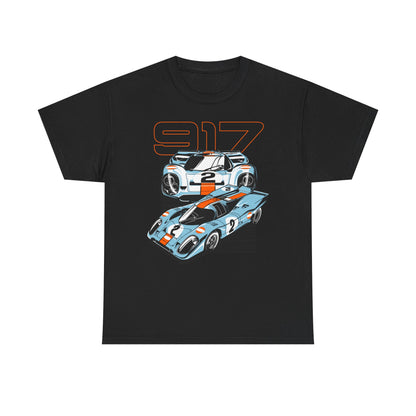 Luxurious black t-shirt featuring a dynamic graphic of two Porsche 917 race cars with striking orange accents, perfect for car enthusiasts.