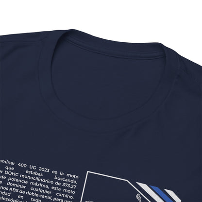 Close-up of the neckline of a luxury navy blue men's T-shirt featuring a Bold Dominar 400 motorcycle design, showcasing quality detailing and stylish aesthetics.