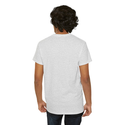 Back view of the unisex 'Visionary Drip' T-shirt, emphasising the pristine fabric and clean lines, worn by a male model with curly hair.