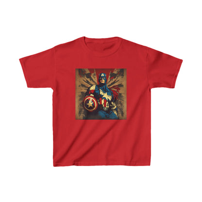 Kids Captain America Heavy Cotton T-Shirt in striking red, showcasing an exquisite Captain America graphic, ideal for young superhero fans.