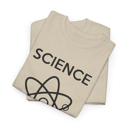 Luxury presentation of neatly folded cream unisex t-shirts, showcasing the impactful message 'SCIENCE DOESN'T CARE WHAT YOU BELIEVE' in bold, minimalist design.