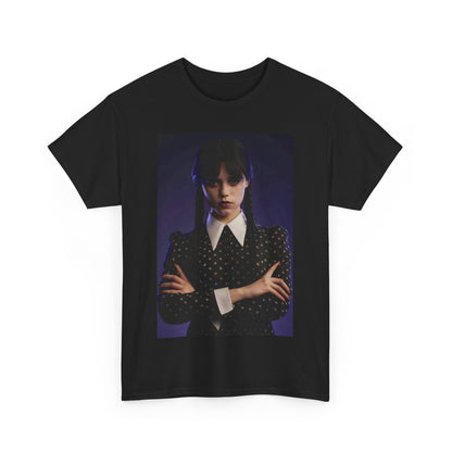 Unisex graphic tee shirt featuring 'Wednesday: Embrace the Dark Elegance!' design, showcasing the iconic character with striking gothic features and a dark background.