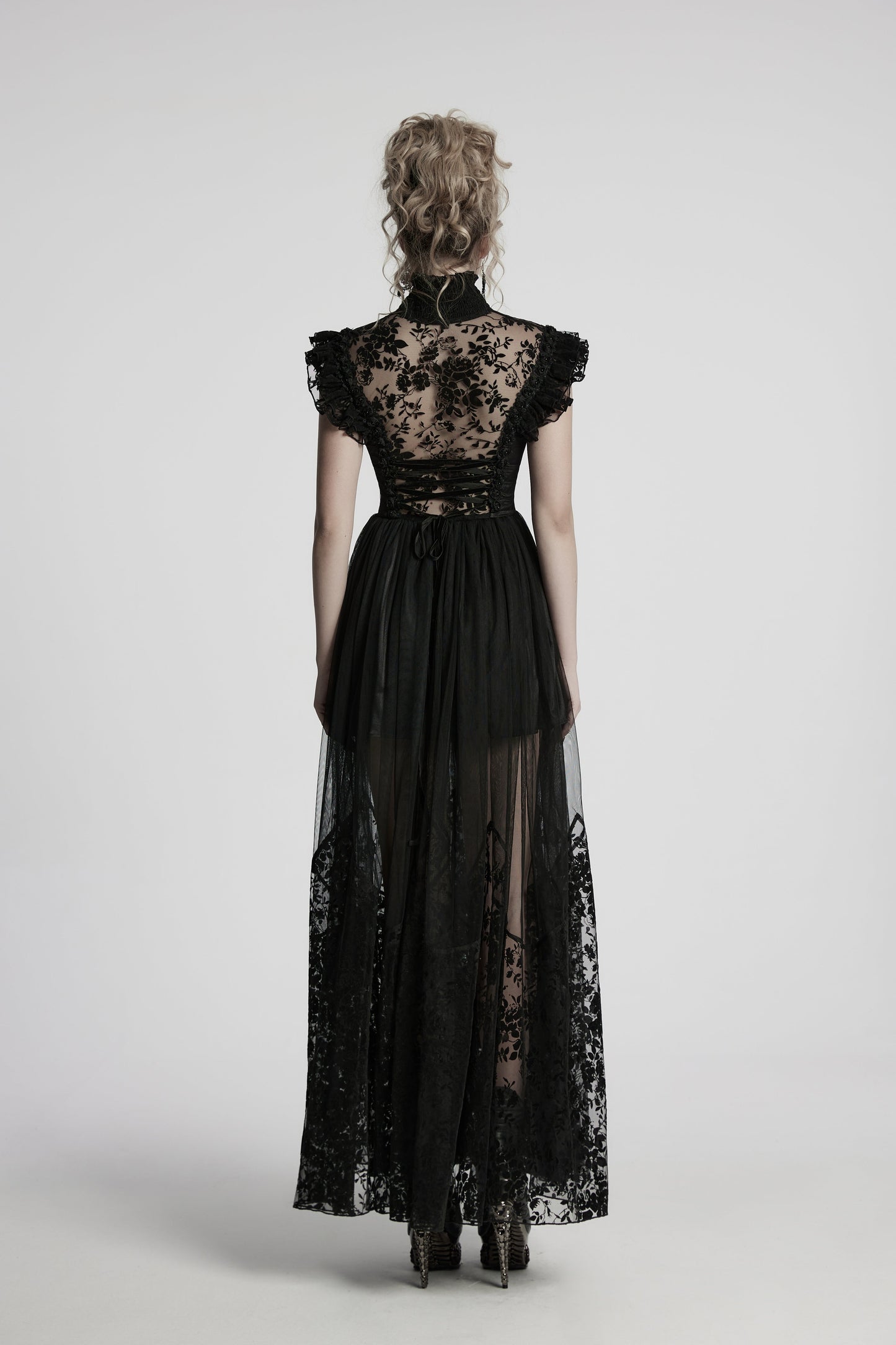 Detailed visual of rose and pearl embellishments on lace ruffle trim of the Punk Rave Seraphina Goth Flying Sleeve Dress.