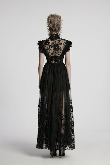 Detailed visual of rose and pearl embellishments on lace ruffle trim of the Punk Rave Seraphina Goth Flying Sleeve Dress.