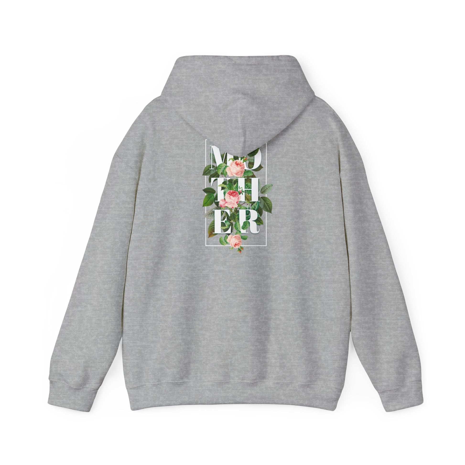 A luxuriously designed grey hoodie featuring a stunning back print with the word 'MOTHER' elegantly entwined with pink roses and verdant green leaves, all framed within a minimalist black square.