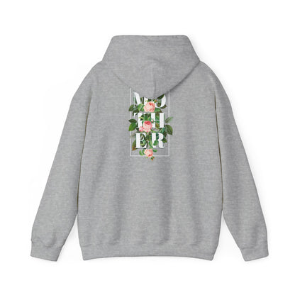 A luxuriously designed grey hoodie featuring a stunning back print with the word 'MOTHER' elegantly entwined with pink roses and verdant green leaves, all framed within a minimalist black square.