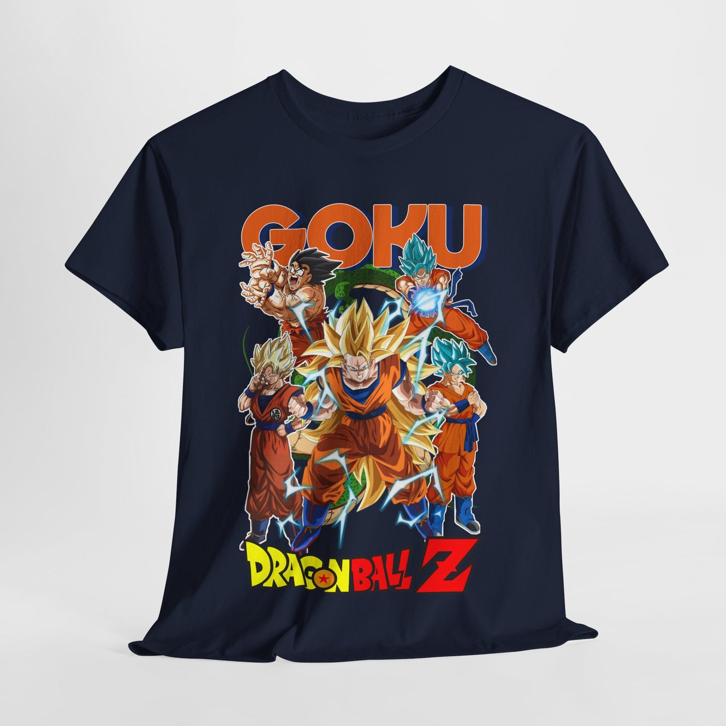 GOKU Power Surge T-Shirt featuring a stunning Dragon Ball Z design in a navy blue fabric, showcasing iconic Goku characters in dynamic poses, radiating strength and energy for fans of anime.