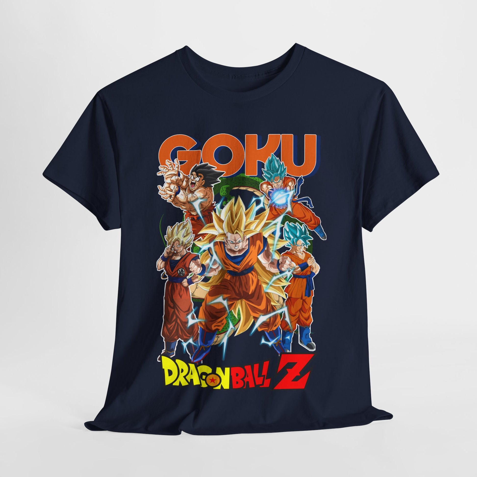 GOKU Power Surge T-Shirt featuring a stunning Dragon Ball Z design in a navy blue fabric, showcasing iconic Goku characters in dynamic poses, radiating strength and energy for fans of anime.