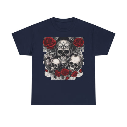 Skulls and Roses Cotton Tee in navy blue, featuring the striking skull and rose graphic, perfect for a bold statement.
