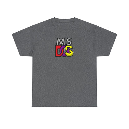Unisex MS DOS Logo Graphic Tee in charcoal grey, epitomising vintage tech allure, designed with luxurious 100% cotton for exceptional comfort and style.