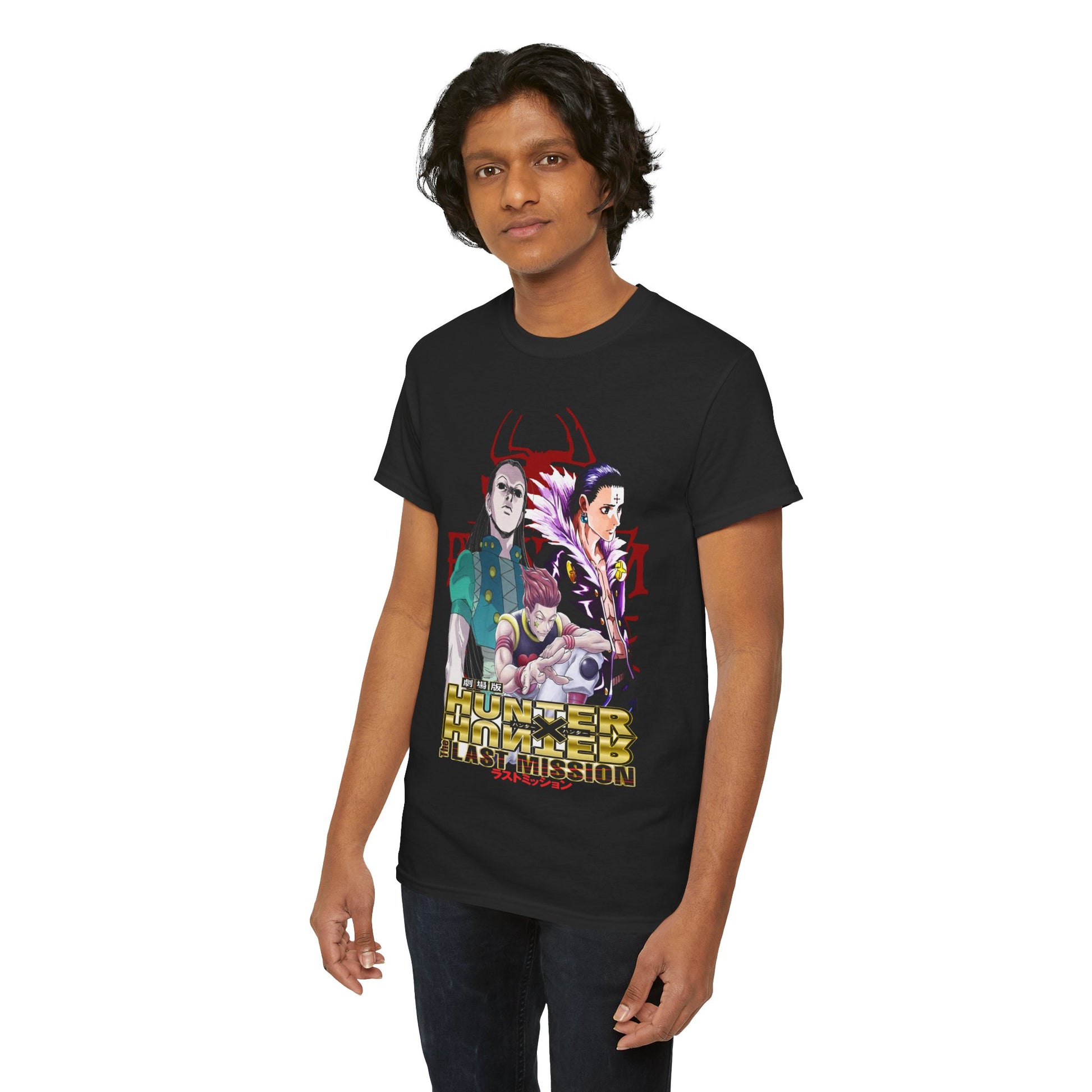 Elegant black Hunter x Hunter T-shirt showcasing stunning character art of Gon, Killua, and Hisoka, designed for fans who appreciate quality and passion in their fashion choices.
