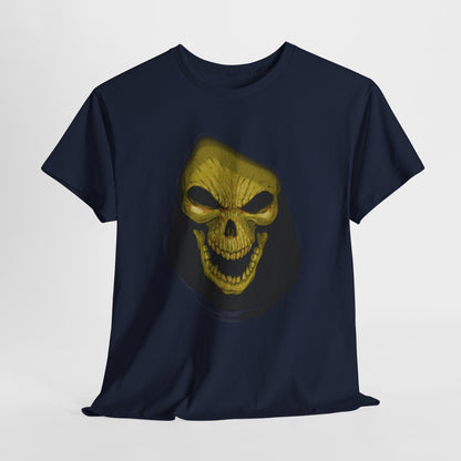 Skeletor He Man Unisex Mens Womens Graphic Funny T Shirt Tee Urban featuring a striking stylized skull design with a golden-yellow glow on a navy background, ideal for those who embrace a bold and rebellious fashion statement.