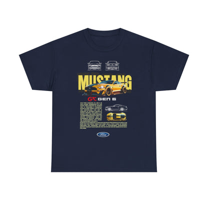 Sophisticated navy blue Ford Mustang GT Gen 6 T-shirt with an eye-catching graphic of the Mustang GT Gen 6 car and dramatic lettering. Perfect for discerning car enthusiasts.