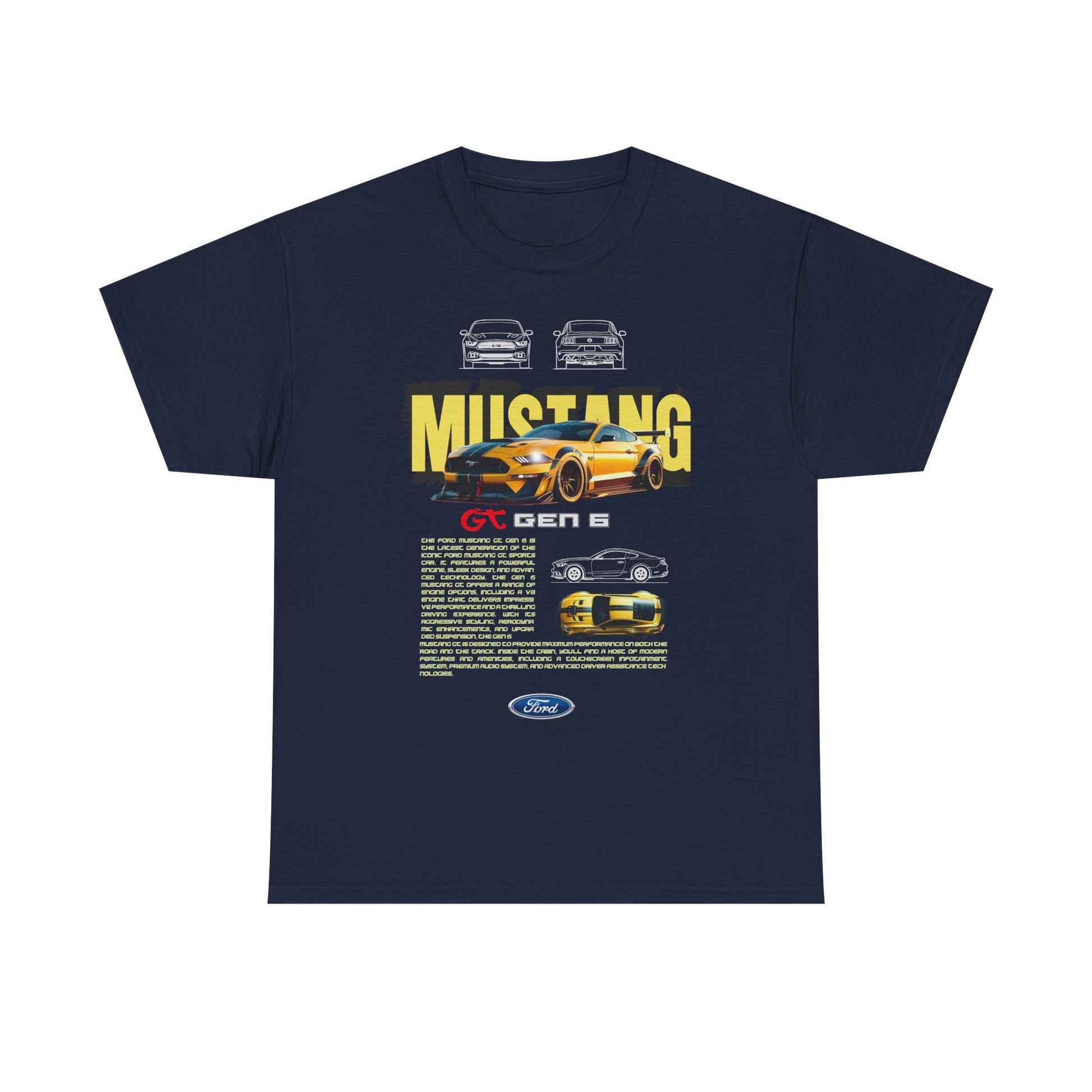Sophisticated navy Ford Mustang GT Gen 6 graphic t-shirt featuring an eye-catching yellow Mustang illustration, bold text, and detailed car specifications.