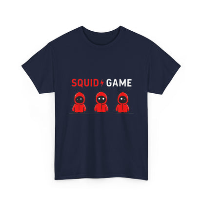 Squid Game Unisex Men's Women's Graphic Cotton Funny T Shirt Tee in navy, elegantly displaying vibrant red hooded characters and captivating typography, perfect for casual sophistication.