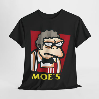 Luxury unisex t-shirt featuring a graphic mashup of Moe from The Simpsons in a fast-food uniform with the title "The Simpson's Moe's KFC Logo Mashup Graphic T Shirt Tee".