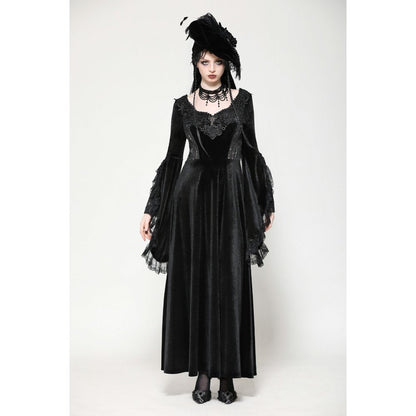 Elegantly styled model wearing Dark In Love Petricka Velvet Maxi Dress with oversized bell sleeves and lace trim, embodying gothic romantic fashion.