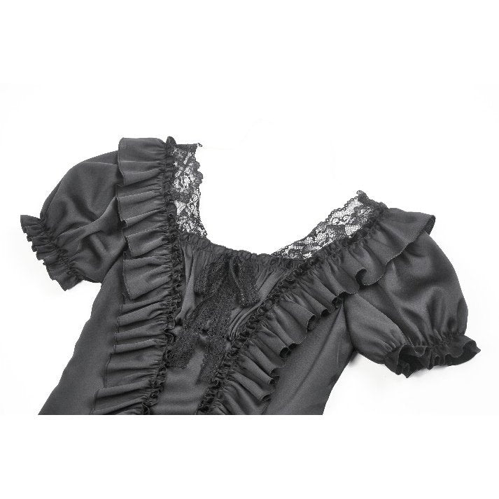 Elegant Dark in Love Black Seraphina Ruched Corset Top with luxurious puff sleeves and intricate lace trim, embodying gothic allure.