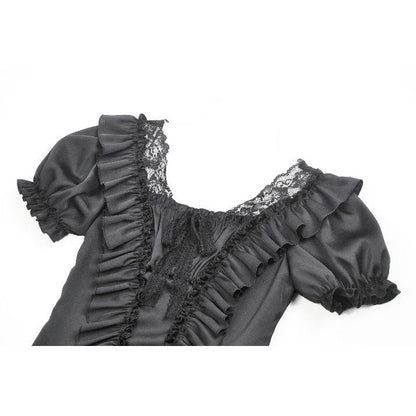 Elegant Dark in Love Black Seraphina Ruched Corset Top with luxurious puff sleeves and intricate lace trim, embodying gothic allure.